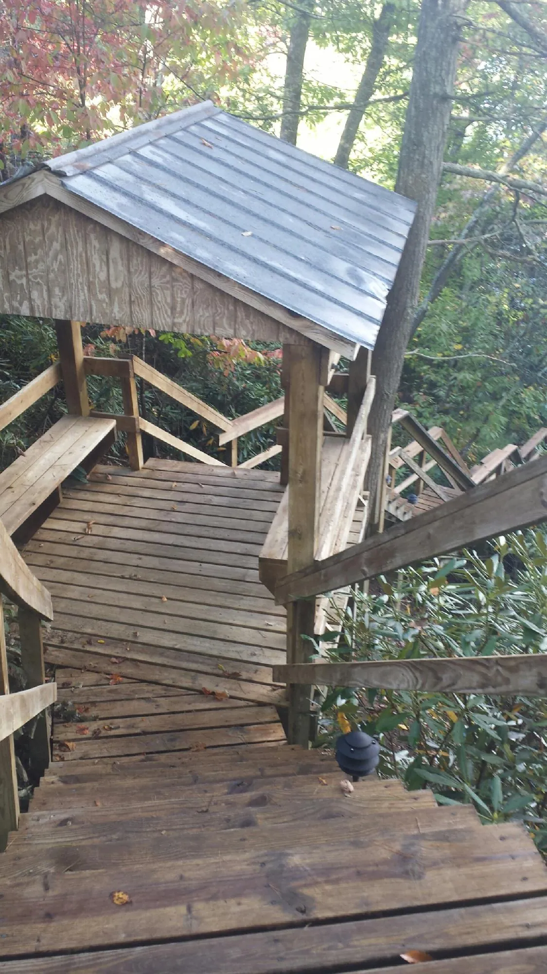 Metal roofed shelter over wooden steps on a wooded walkway — Skylight Repair & Installation work by our crew in Ferguson
